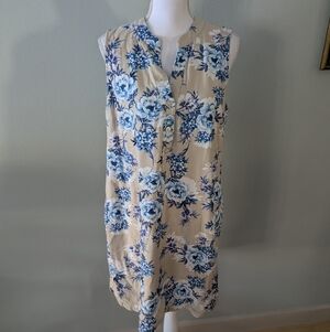 JH Sleeveless Dress Size 14 Tan Blue Floral Rayon Linen Button V-Neck 163C